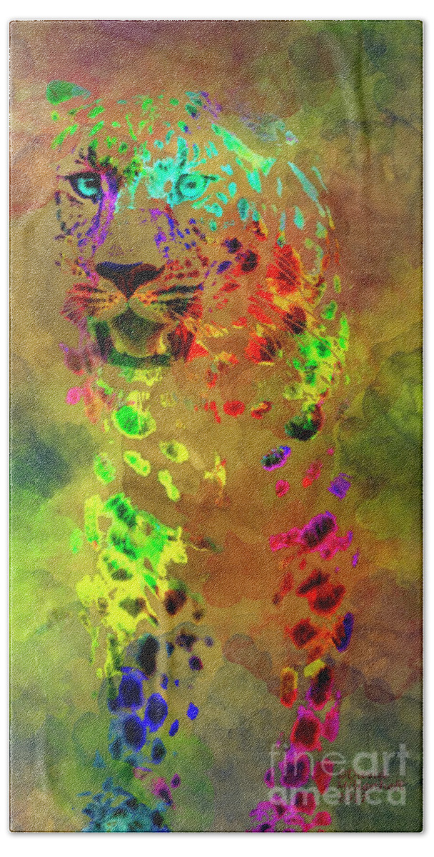 Colored Leopard Beach Towel featuring the mixed media Colored Leopard by David Millenheft