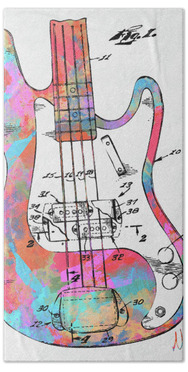 Fender Guitar Beach Towel featuring the digital art Colorful 1961 Fender Guitar Patent by Nikki Marie Smith