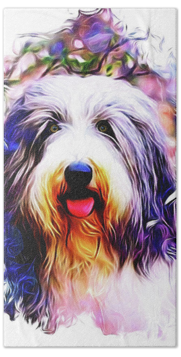 Bearded Collie Beach Sheet featuring the digital art Colorful Bearded Collie by Kathy Kelly