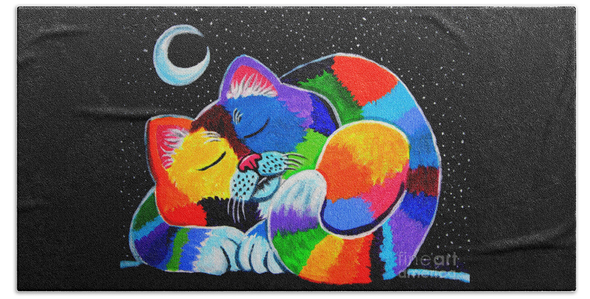 Cat Art Beach Towel featuring the painting Colorful Cat in the Moonlight by Nick Gustafson