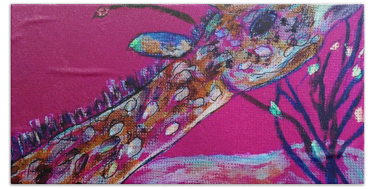 Pink Background Colorful Giraffe Beach Sheet featuring the painting Colorful Giraffe by Anne Sands