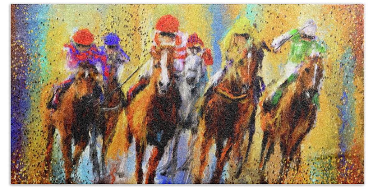 Horse Racing Beach Towel featuring the painting Colorful Horse Racing Impressionist Paintings by Lourry Legarde