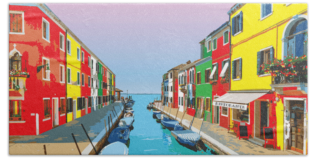 Burano Beach Towel featuring the digital art Colorful Houses in Burano, Italy by Inge Lewis