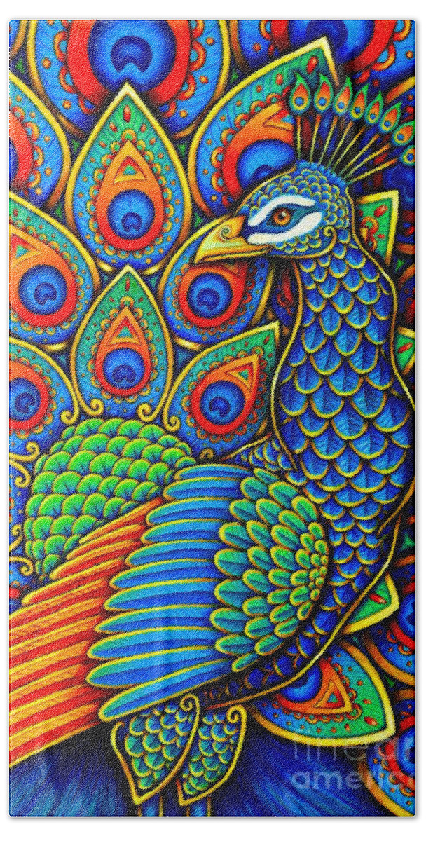 Peacock Beach Towel featuring the drawing Colorful Paisley Peacock by Rebecca Wang