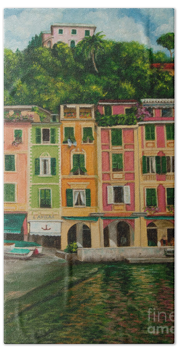 Portofino Italy Art Beach Towel featuring the painting Colorful Portofino by Charlotte Blanchard