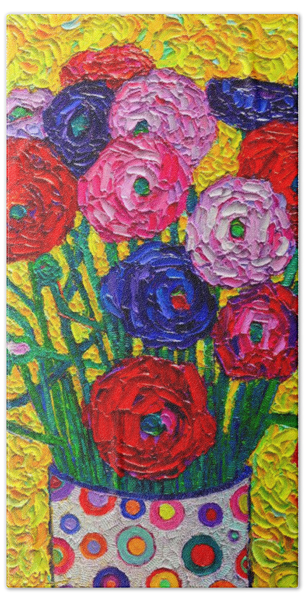 Ranunculus Beach Towel featuring the painting Colorful Ranunculus Flowers In Polka Dots Vase Palette Knife Oil Painting By Ana Maria Edulescu by Ana Maria Edulescu