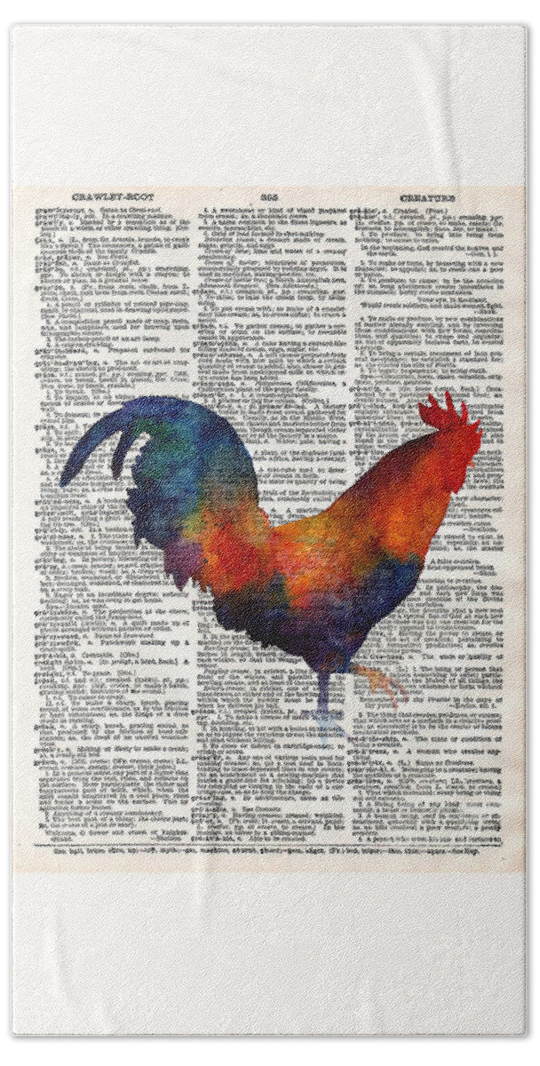 Rooster Beach Towel featuring the painting Colorful Rooster on Vintage Dictionary by Hailey E Herrera