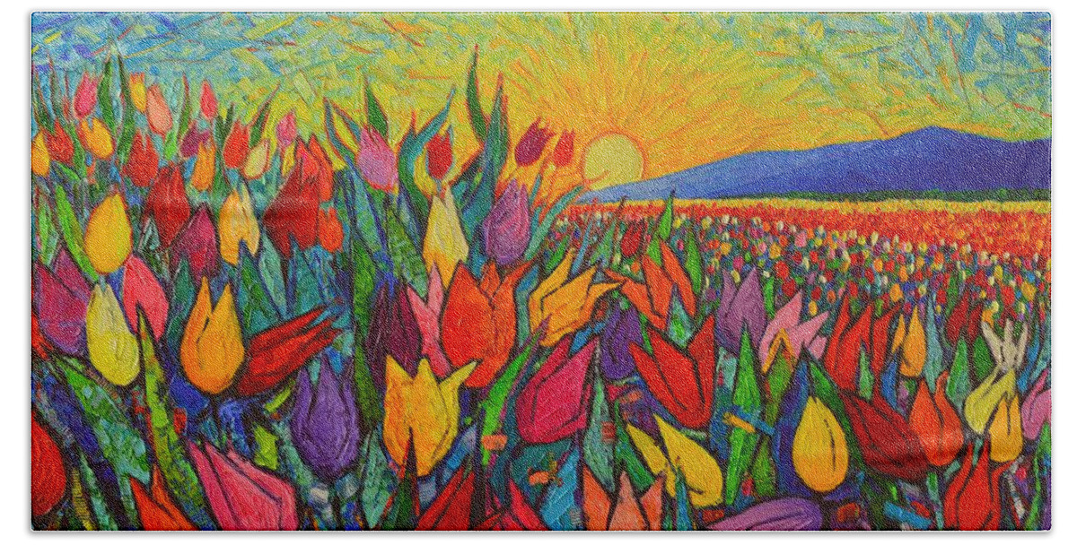 Tulip Beach Towel featuring the painting Colorful Tulips Field Sunrise - Abstract Impressionist Palette Knife Painting By Ana Maria Edulescu by Ana Maria Edulescu