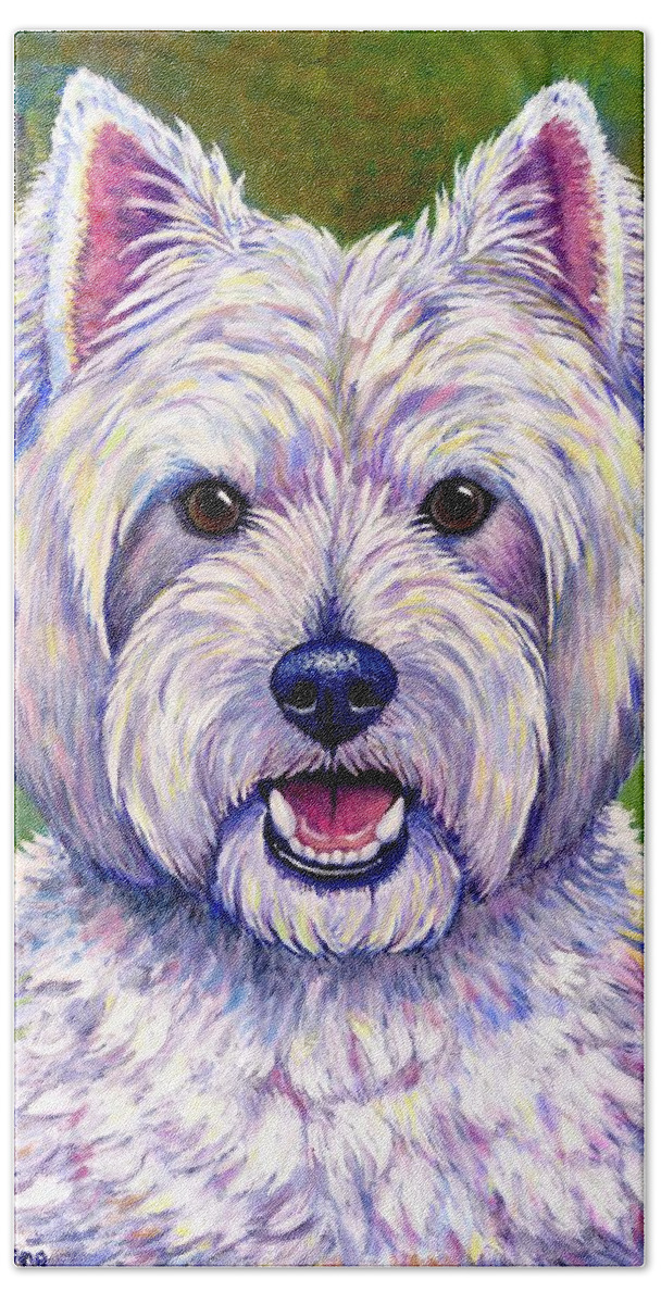 West Highland White Terrier Beach Sheet featuring the painting Colorful West Highland White Terrier Dog by Rebecca Wang