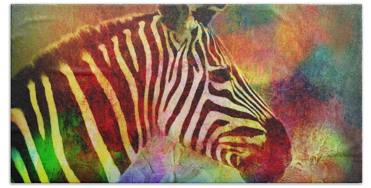 Colorful Beach Towel featuring the painting Colorful Zebra by Lilia D