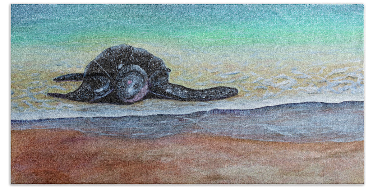Leatherback Turtle Beach Towel featuring the painting Coming To Nest by Laura Forde
