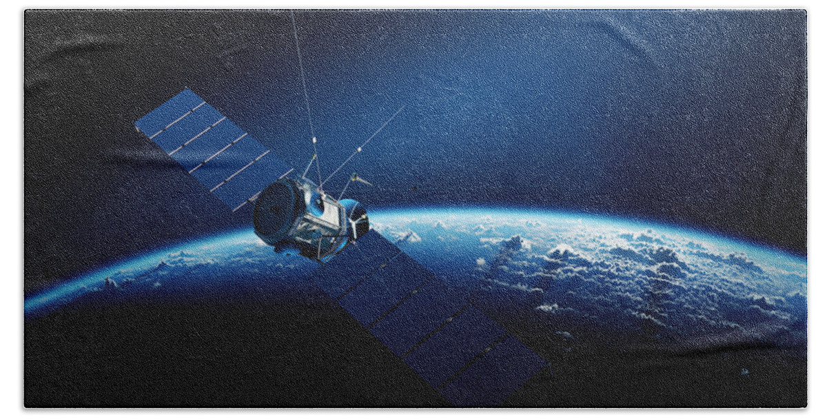 Satellite Beach Sheet featuring the digital art Communications satellite orbiting earth by Johan Swanepoel