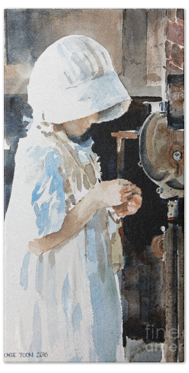 A Young Girl In An Apron And White Bonnet Examines Something She Has Found In A Blacksmith Shop In Calgary Beach Towel featuring the painting Concentration by Monte Toon