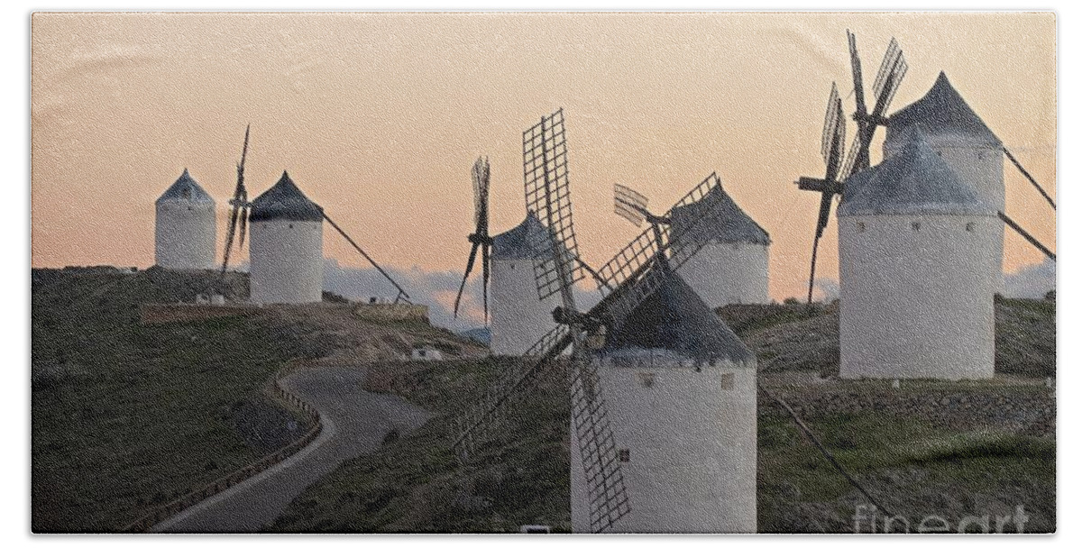 Windmills; Mills; Wind Mills; White; Architecture; Architectural; Buildings; Nostalgic; Nostalgia; Medieval; Middle Ages; Old; Antique; Ancient; History; Historical; Past; Landmark; Monument; Symbol; Scene; Scenery; Energy; Landscape; Rural; Europe; European; Spanish; Spain; Sky Beach Sheet featuring the photograph Consuegra Windmills by Heiko Koehrer-Wagner