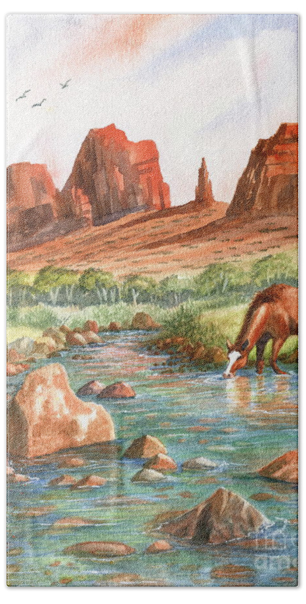Red Rock Country Beach Towel featuring the painting Cool, Cool Water by Marilyn Smith
