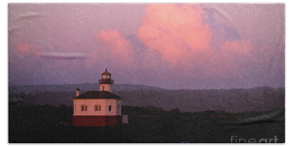 Denise Bruchman Beach Sheet featuring the photograph Coquille River Lighthouse Sunset by Denise Bruchman