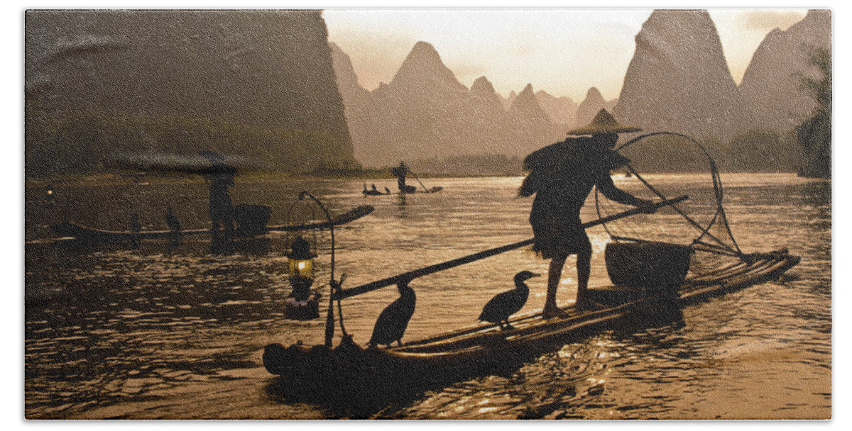 Asia Beach Sheet featuring the photograph Cormorant Fishermen at Sunset by Michele Burgess
