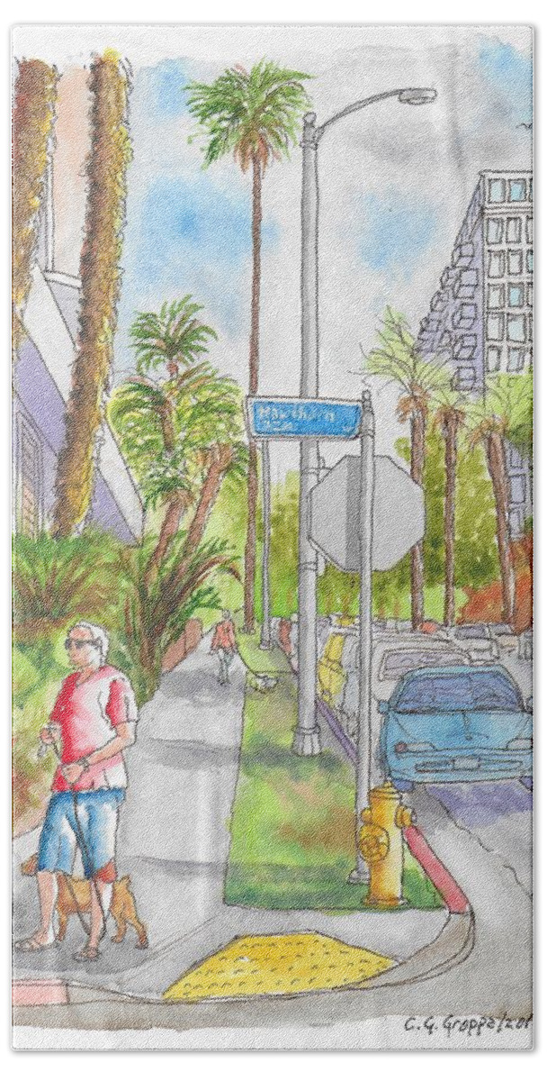 Hollywood Beach Towel featuring the painting Corner of Hawthorn and Formosa in Hollywood, California by Carlos G Groppa