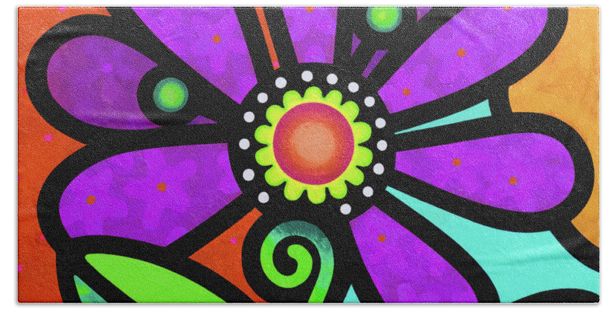 Daisy Beach Towel featuring the painting Cosmic Daisy in Purple by Steven Scott