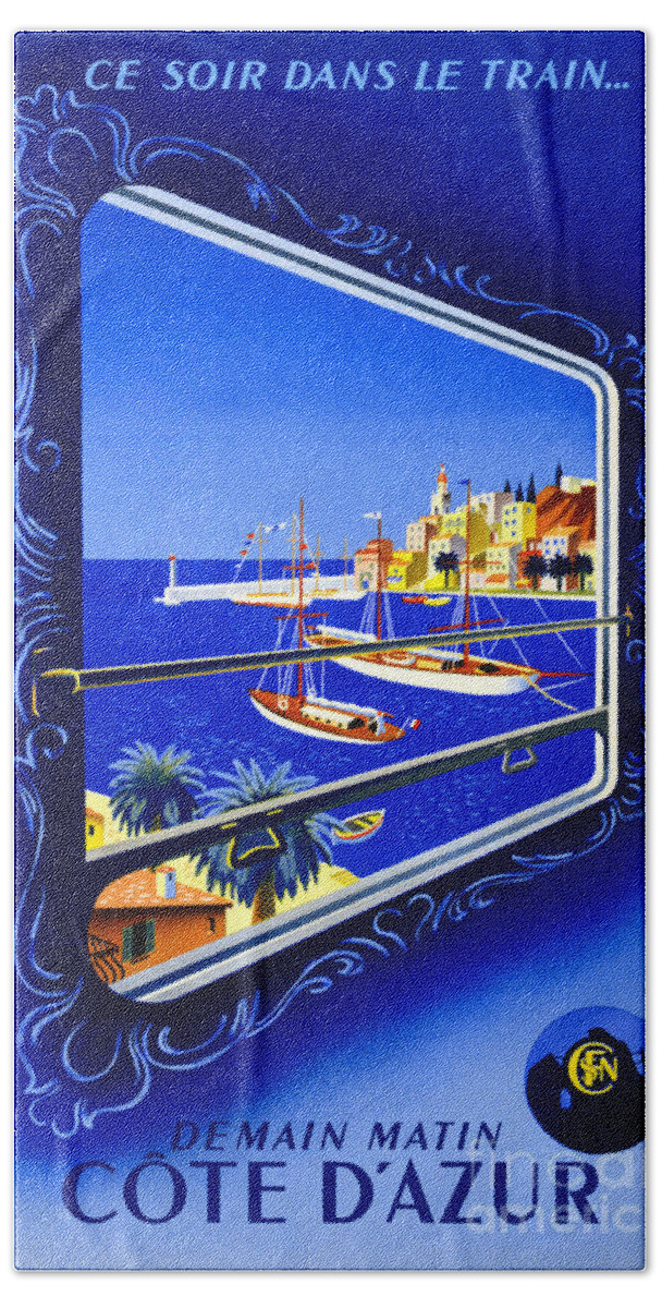 Vintage Beach Towel featuring the painting Cote d'Azur Vintage Poster Restored by Vintage Treasure