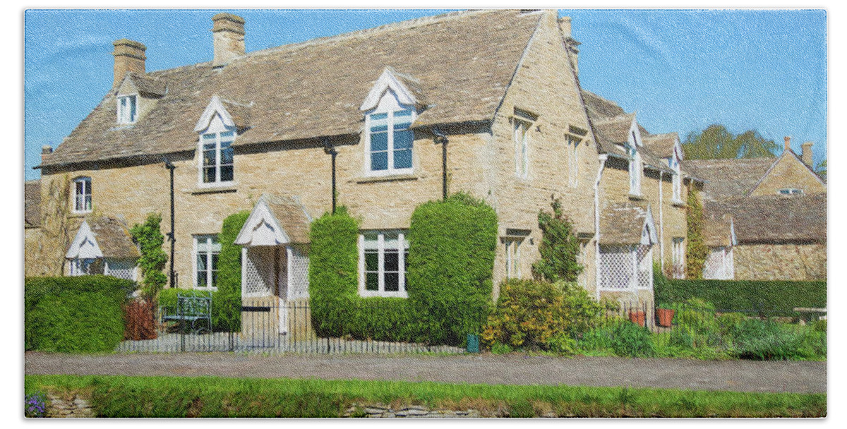 Cotswold Beach Towel featuring the digital art Cotswold Riverside Cottage by Roy Pedersen