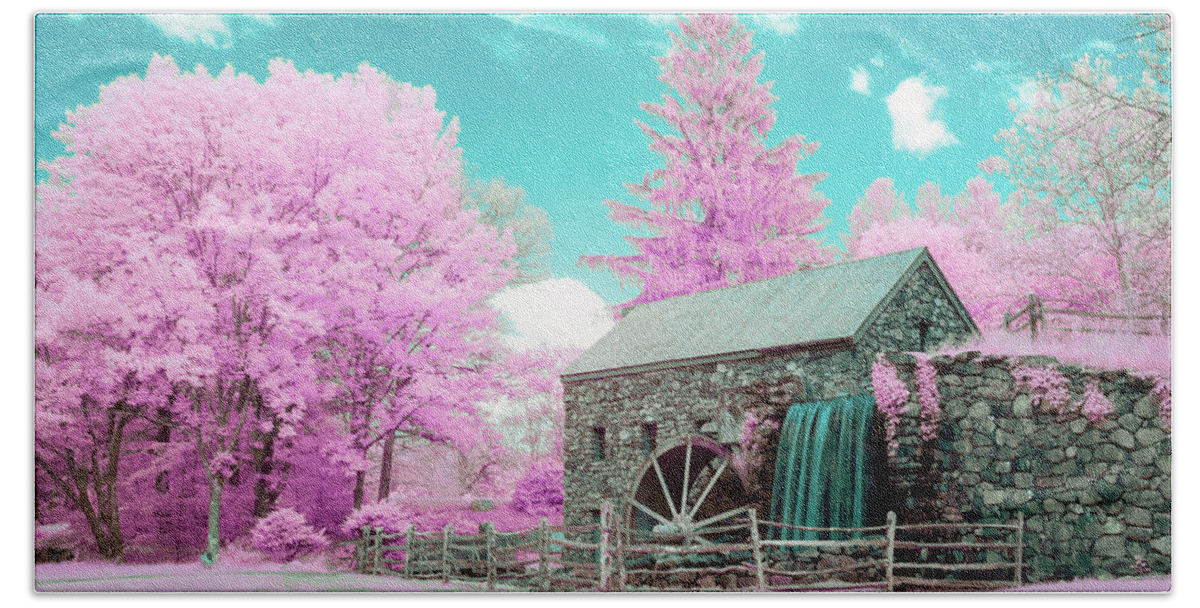 Infrared Grist Mill Ir Infra Red Pink Blue Cotton Candy Sudbury Historic Iconic Waterwheel Water Wheel Waterfall Falls Fall Spring Outside Outdoors Stone Wall Architecture Building Fence Wooden Field Trees Sky Clouds Cloudy Ma Mass Massachusetts Brian Hale Brianhalephoto Newengland New England U.s.a. Usa Unique Different Beach Towel featuring the photograph Cotton Candy Grist Mill by Brian Hale