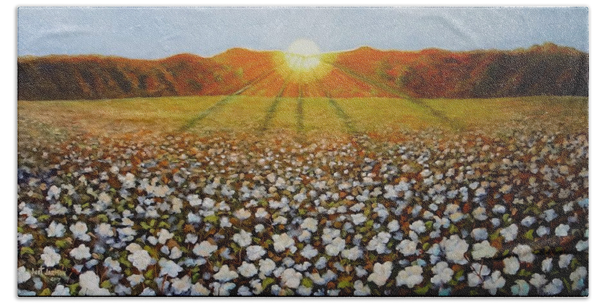 Cotton Beach Towel featuring the painting Cotton Field Sunset by Jeanette Jarmon