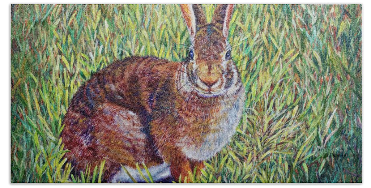 Grass Beach Sheet featuring the painting Cottontail by AnnaJo Vahle