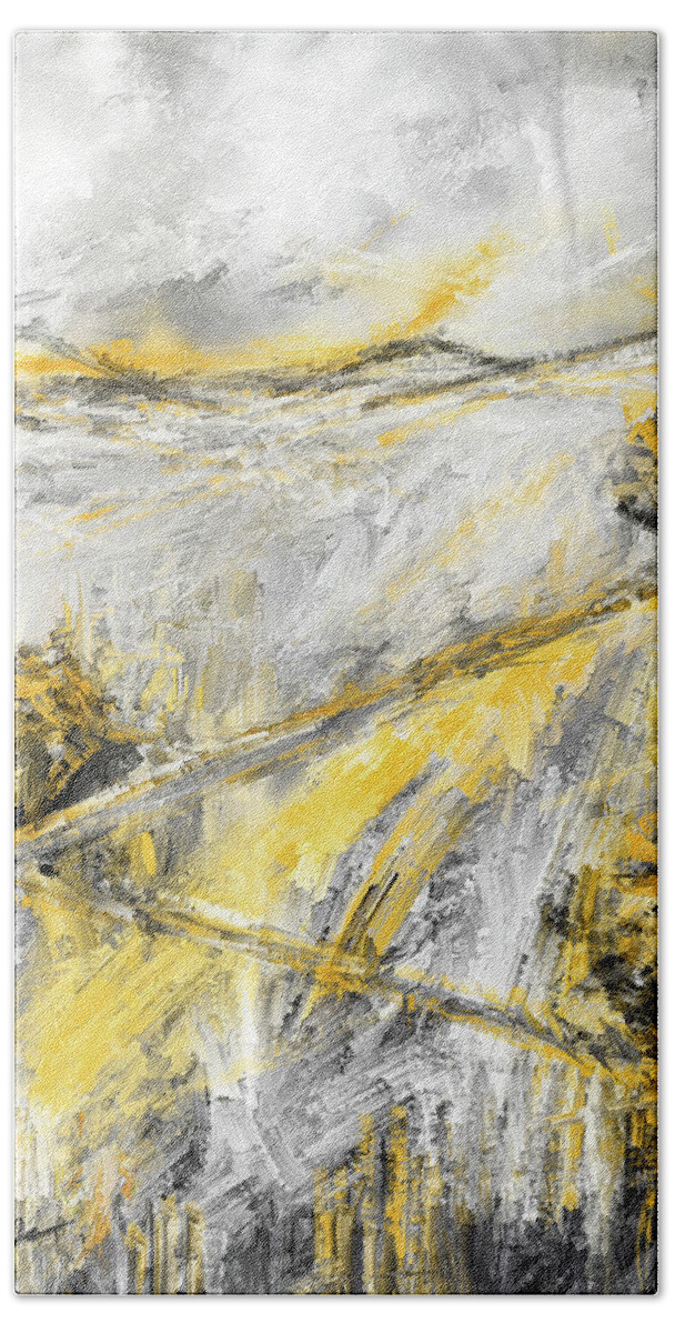 Yellow Beach Sheet featuring the painting Country Glow - Yellow And Gray Modern Artwork Paintings by Lourry Legarde