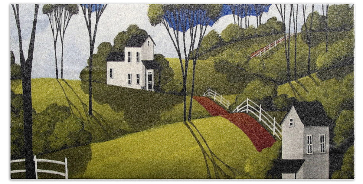 Art Beach Towel featuring the painting Country Greens - folk art landscape by Debbie Criswell