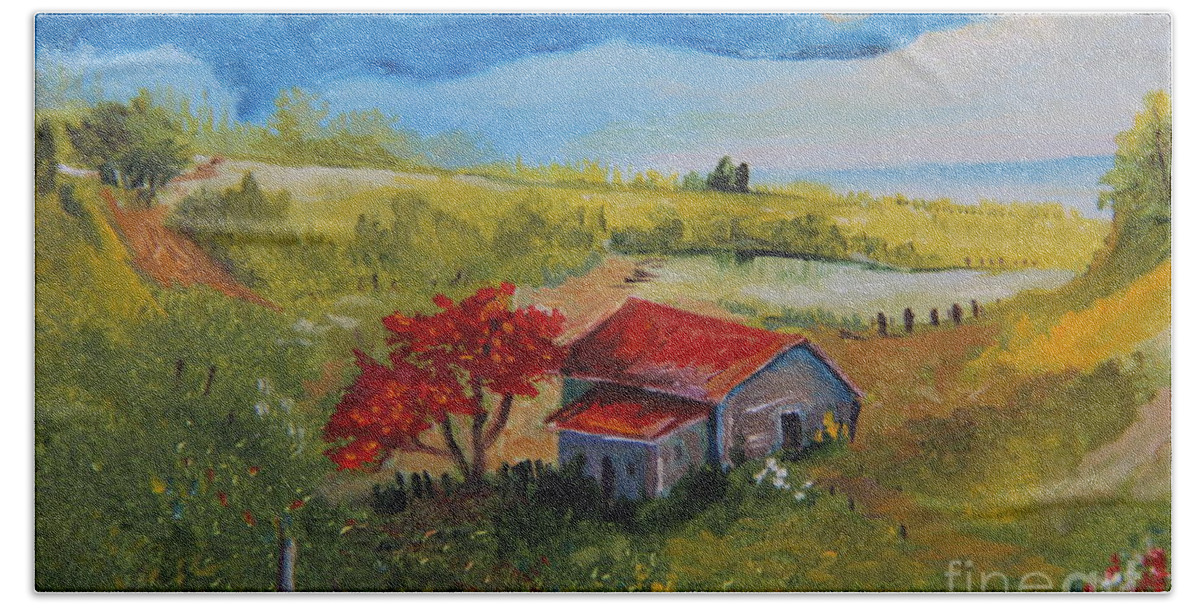 Alicia Maury Prints Beach Towel featuring the painting Country House Near the River by Alicia Maury