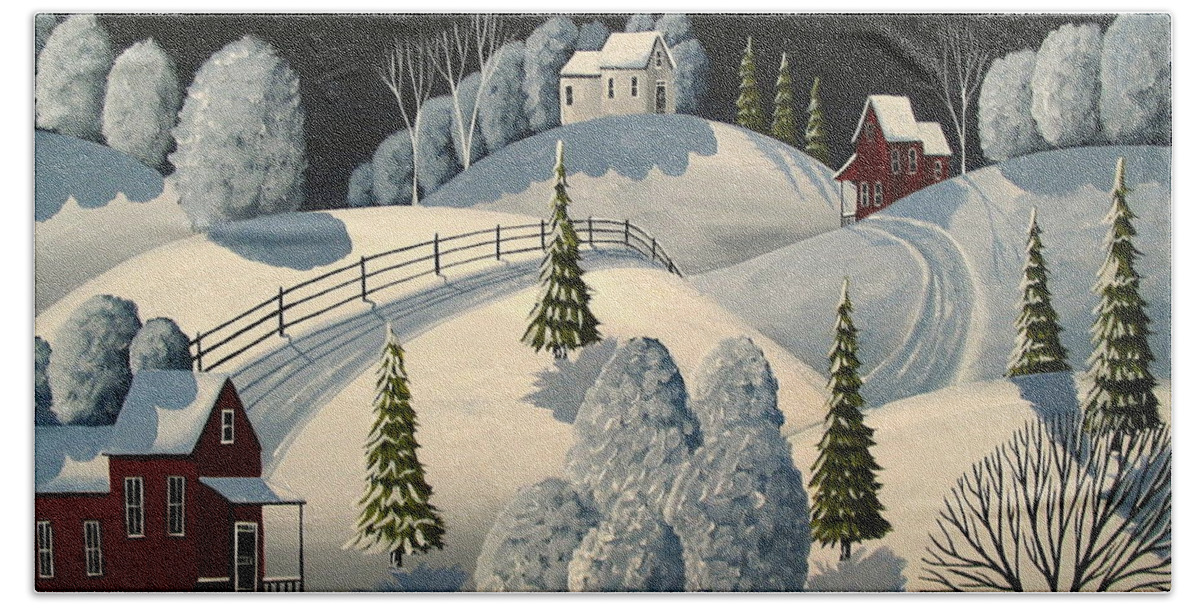 Art Beach Towel featuring the painting Country Winter Night - folk art landscape by Debbie Criswell