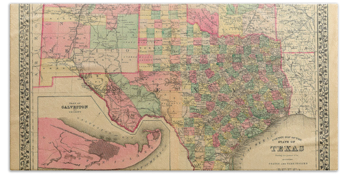 Texas Beach Towel featuring the digital art County Map of Texas by S. A. Mitchell 1881 by Texas Map Store