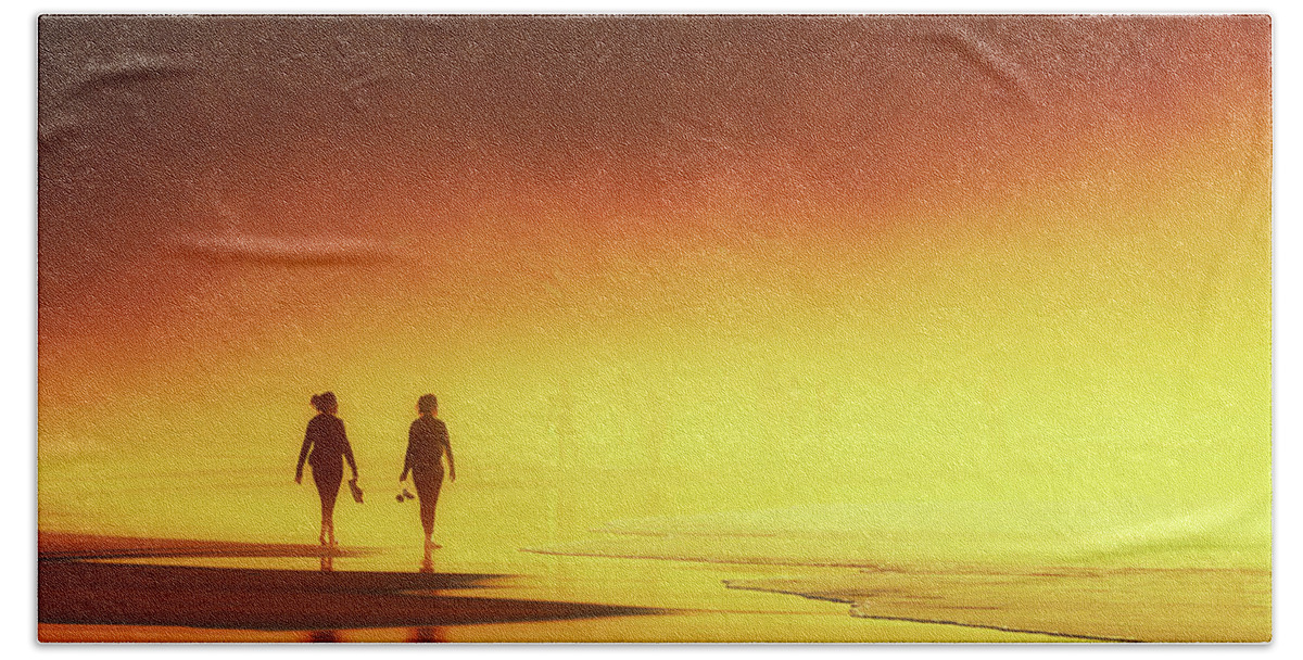 Woman Beach Sheet featuring the photograph Couple Of Women Walking On Beach by Mikel Martinez de Osaba