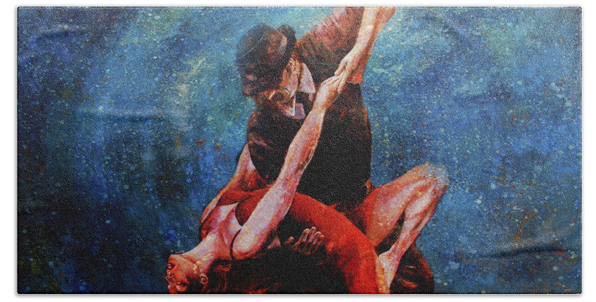 Tango Beach Towel featuring the painting Couple Tango Dance 8885 by Gull G