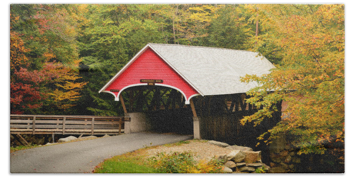 Flume Beach Towel featuring the photograph Covered Bridge in Autumn by James Kirkikis