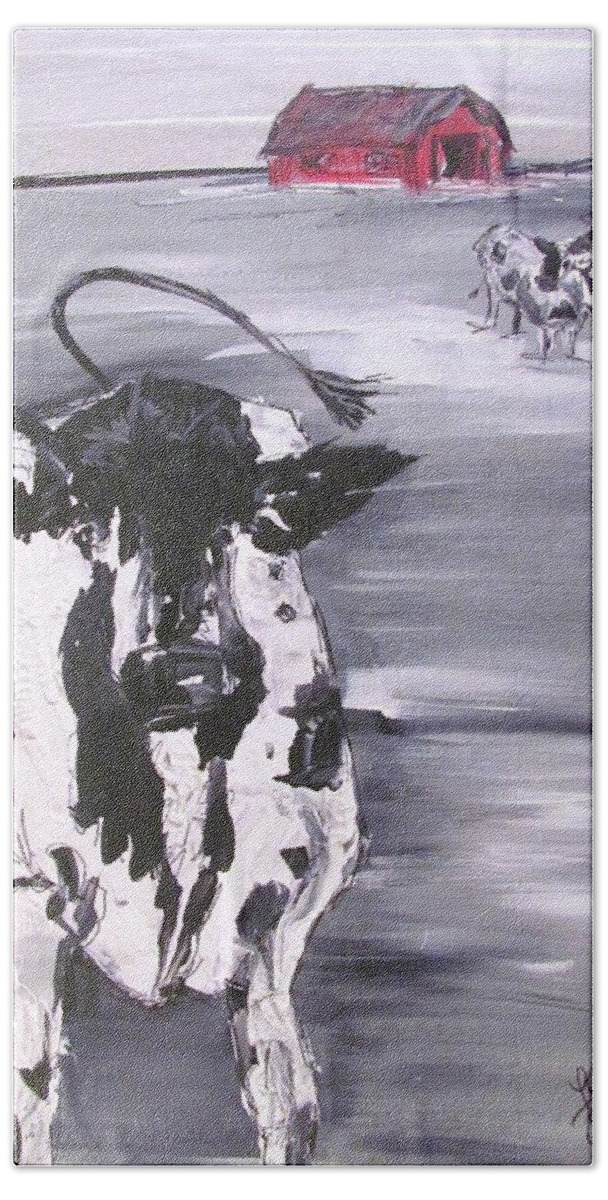 Cow Beach Sheet featuring the painting Cow in Winter by Terri Einer
