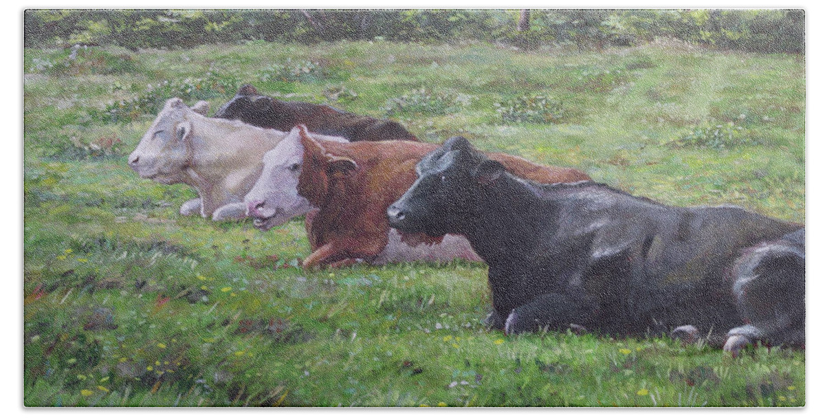 Cows Beach Towel featuring the painting Cow line up in field by Martin Davey