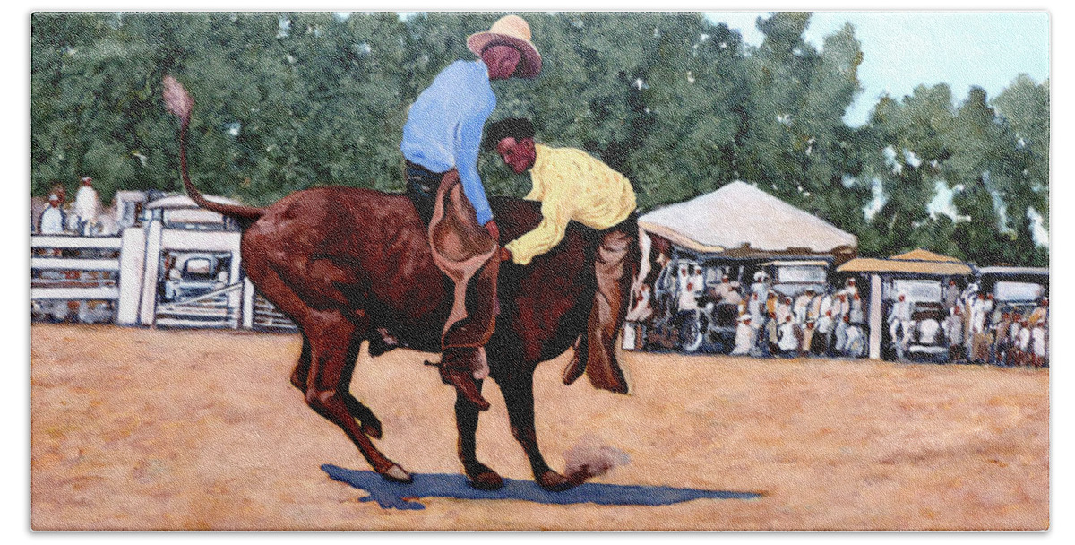 Bull Beach Towel featuring the painting Cowboy Conundrum by Tom Roderick
