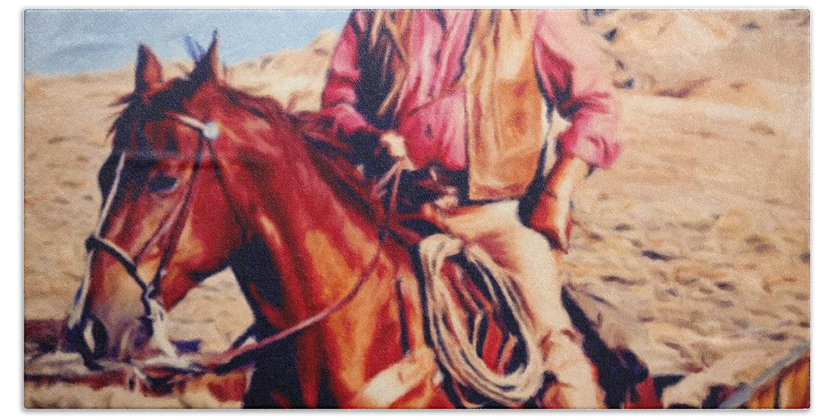 John Wayne Beach Towel featuring the painting Cowboy John Wayne by Vincent Monozlay