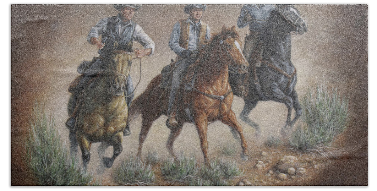 Cowboys Beach Towel featuring the painting Cowboys by Kim Lockman