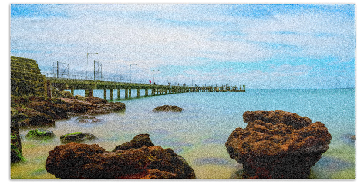 Landscapes Beach Towel featuring the photograph Cowes Pier by DesignBoard Photography