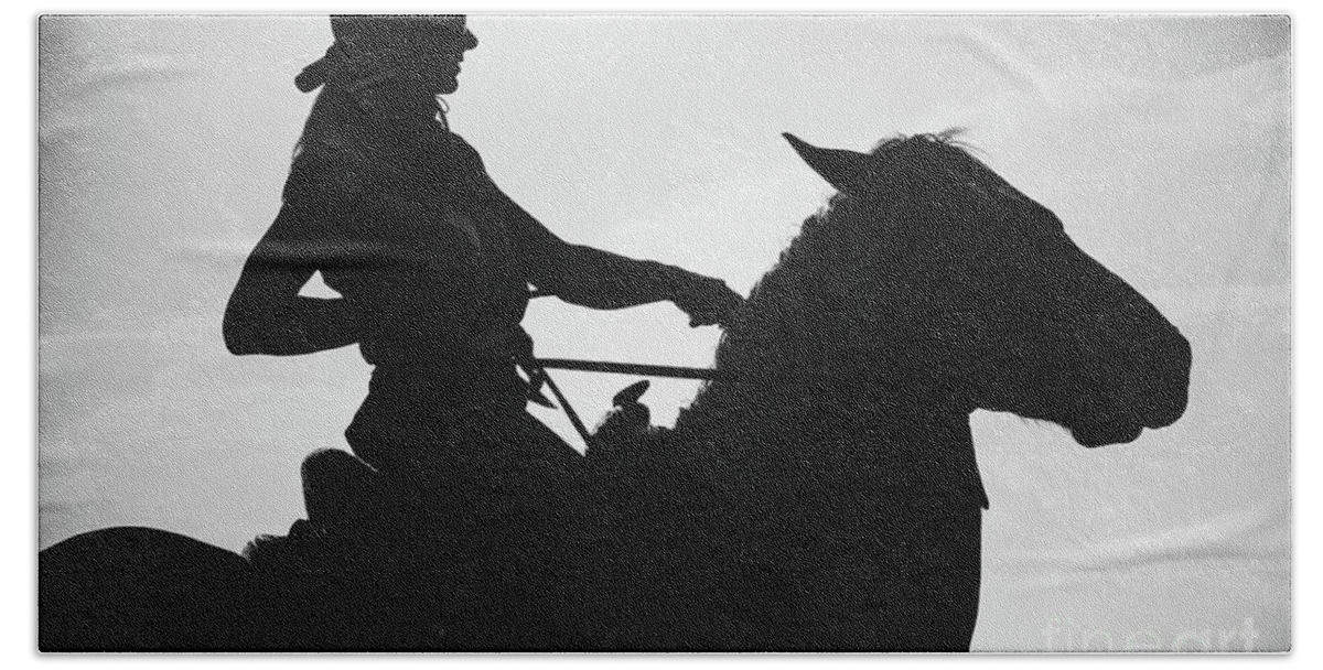 Horse Beach Towel featuring the photograph Cowgirl and horse silhouette by Dimitar Hristov