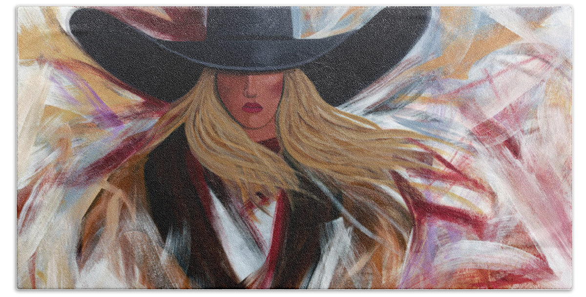 Colorful Cowboy Painting. Beach Towel featuring the painting Cowgirl Colors by Lance Headlee