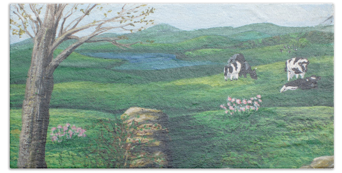 Farm Beach Sheet featuring the painting Cows in Field by Barbara McDevitt