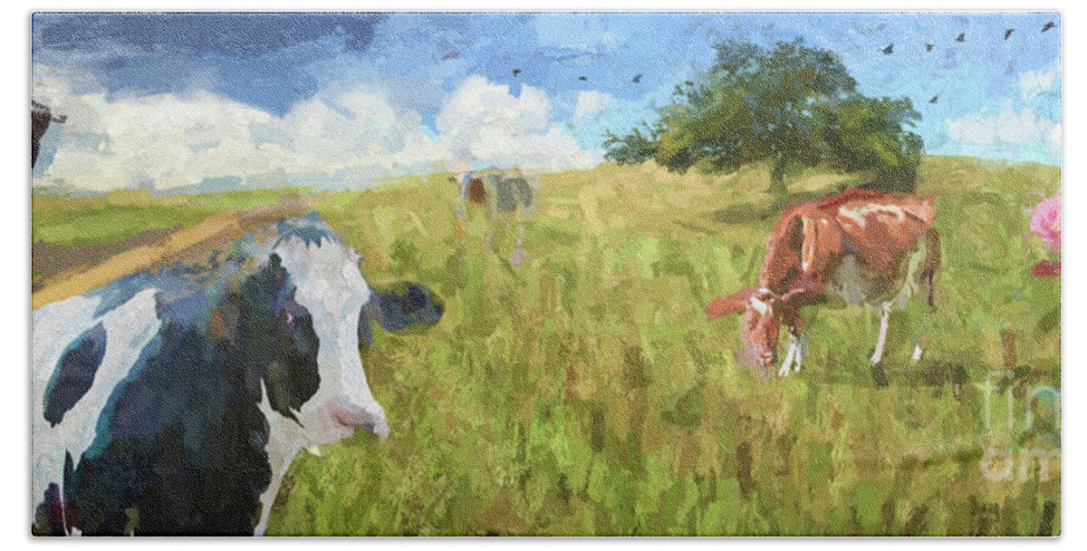 Cows. Field Beach Towel featuring the photograph Cows in field, ver 2 by Larry Mulvehill