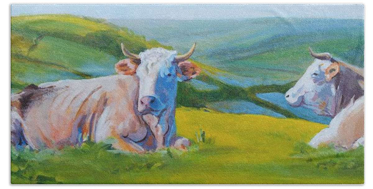 Cows Beach Towel featuring the painting Cows Lying Down in Devon Hills by Mike Jory