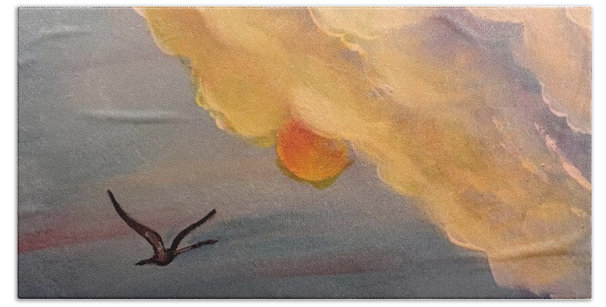 Crane Beach Towel featuring the painting Crane in Flight during a Florida Sunset by George Pedro