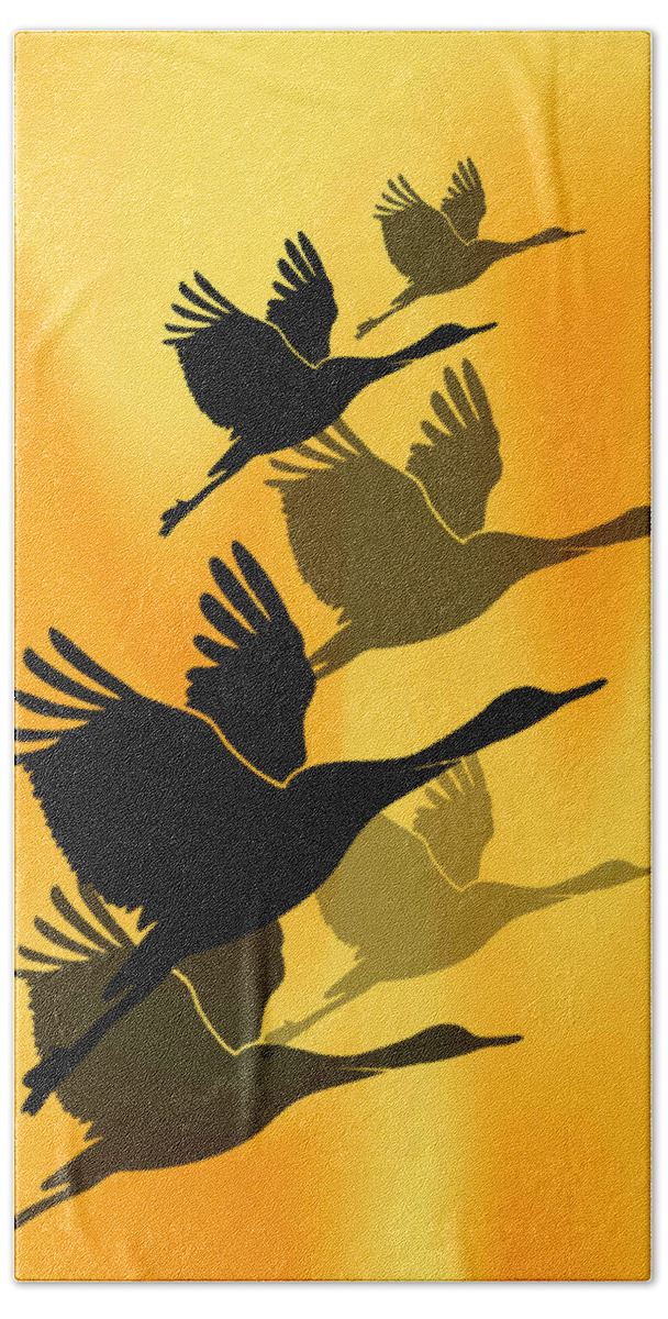 Cranes Beach Towel featuring the digital art Cranes in flight by Rumiana Nikolova