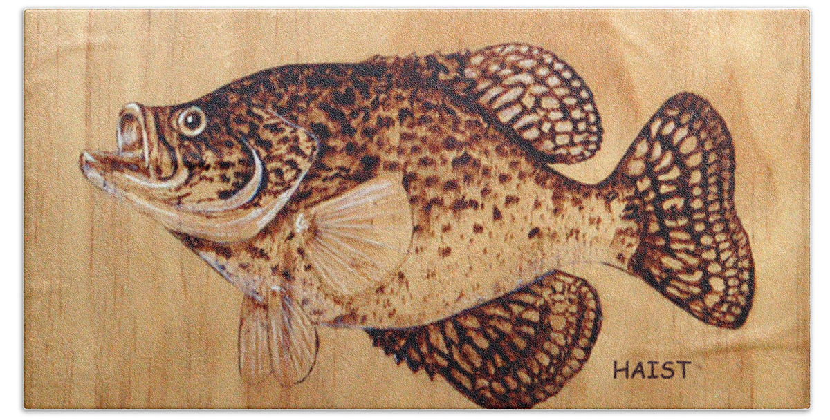 Fish Beach Sheet featuring the pyrography Crappie by Ron Haist